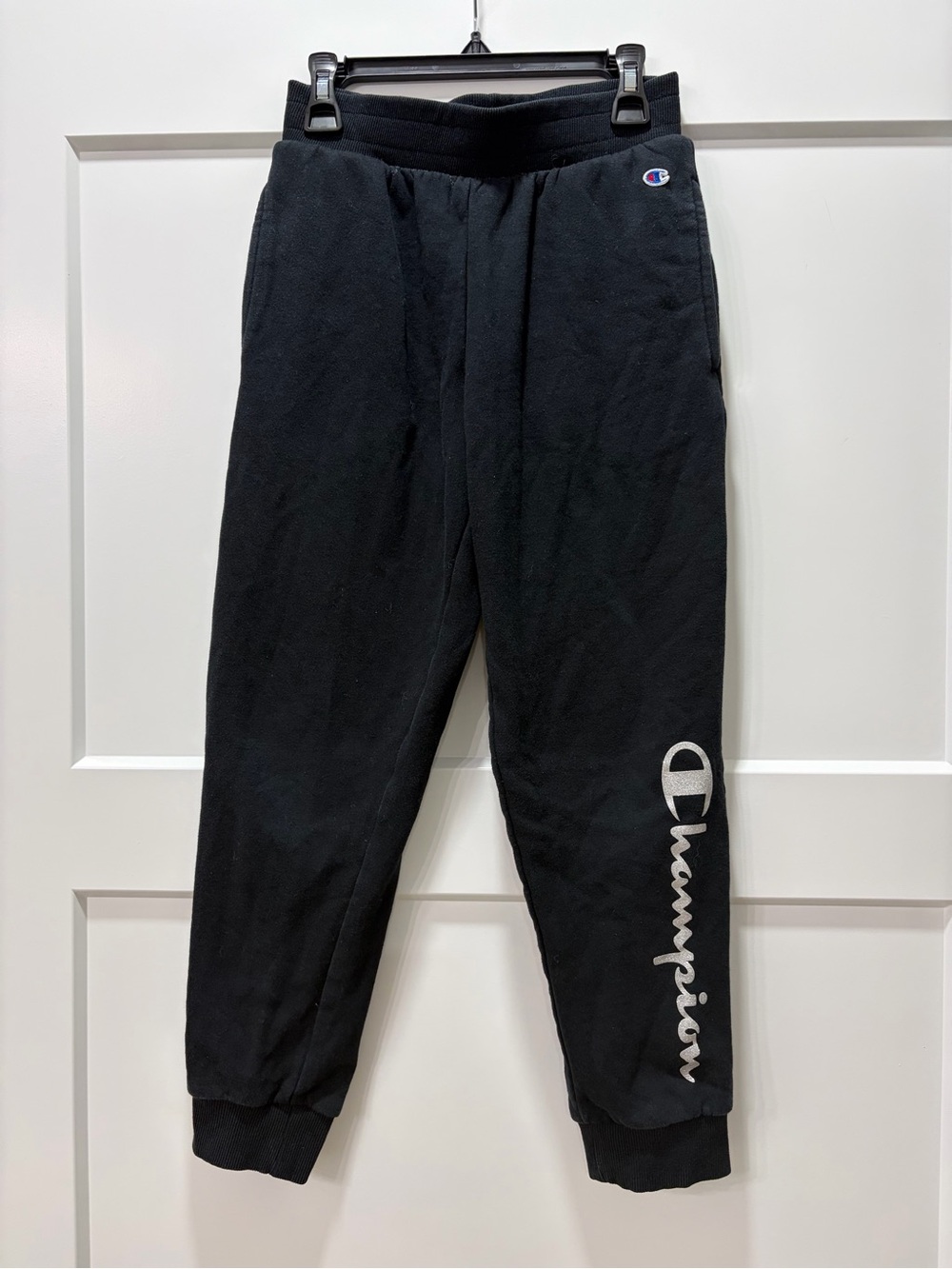 Champion Casual Comfy Cozy Relaxed Girls Black Script Glitter Logo Sweatpants